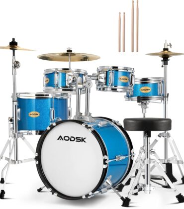 AODSK 14 Inch 5-Piece Full Size Drum Set for Beginner Aspiring Drummers, Complete Starter Kit with Adjustable Throne, Brass Cymbals, Hi-Hat, Pedal, Drumsticks, Ideal Holiday Gift (Light Blue)
