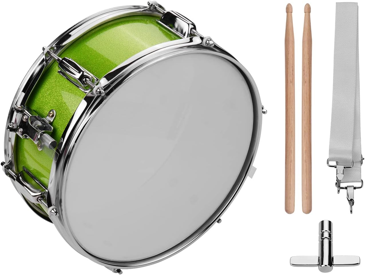 12 Inch Snare Drum Head with Drumsticks Shoulder Strap Drum Key for Student Band (Green) - Image 4