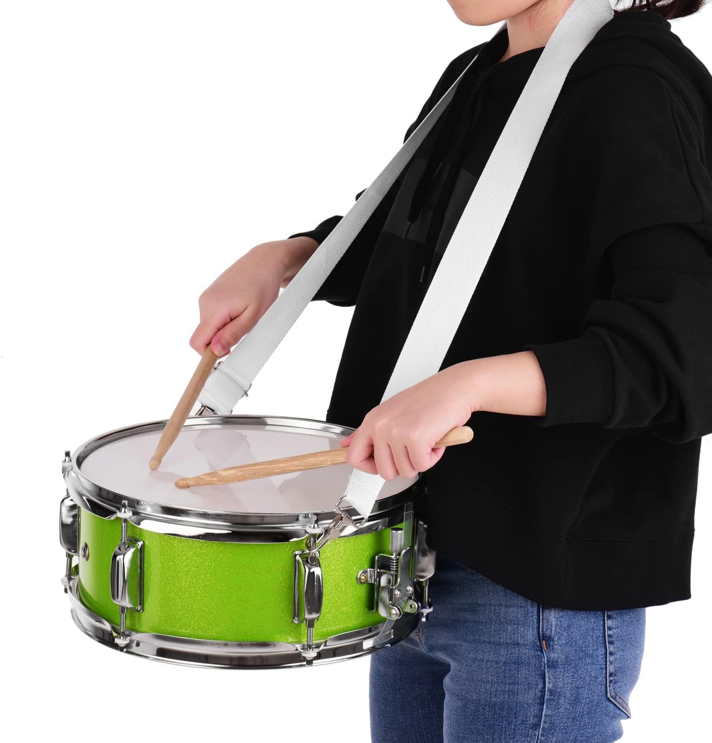 12 Inch Snare Drum Head with Drumsticks Shoulder Strap Drum Key for Student Band (Green) - Image 7