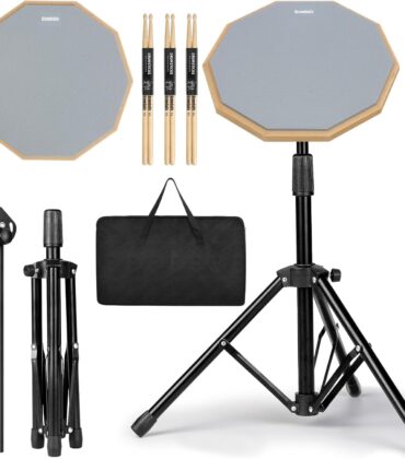 Drum Practice Pad Snare Drum Stand Set 12 In With Double Sided Silent Drum Pad, Drum sticks,Carrying Bag Adjustable Stand (Grey)